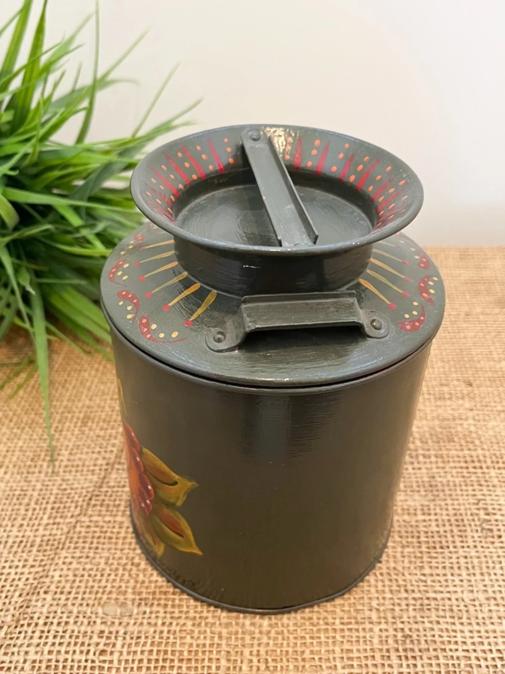 Vintage Tole Painted Folk Art Fruit Tin Container with Lid